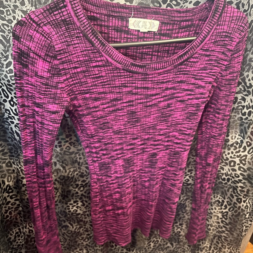 Pink Rose Women's Pink and Black Space-Dye Long Sleeve Tee